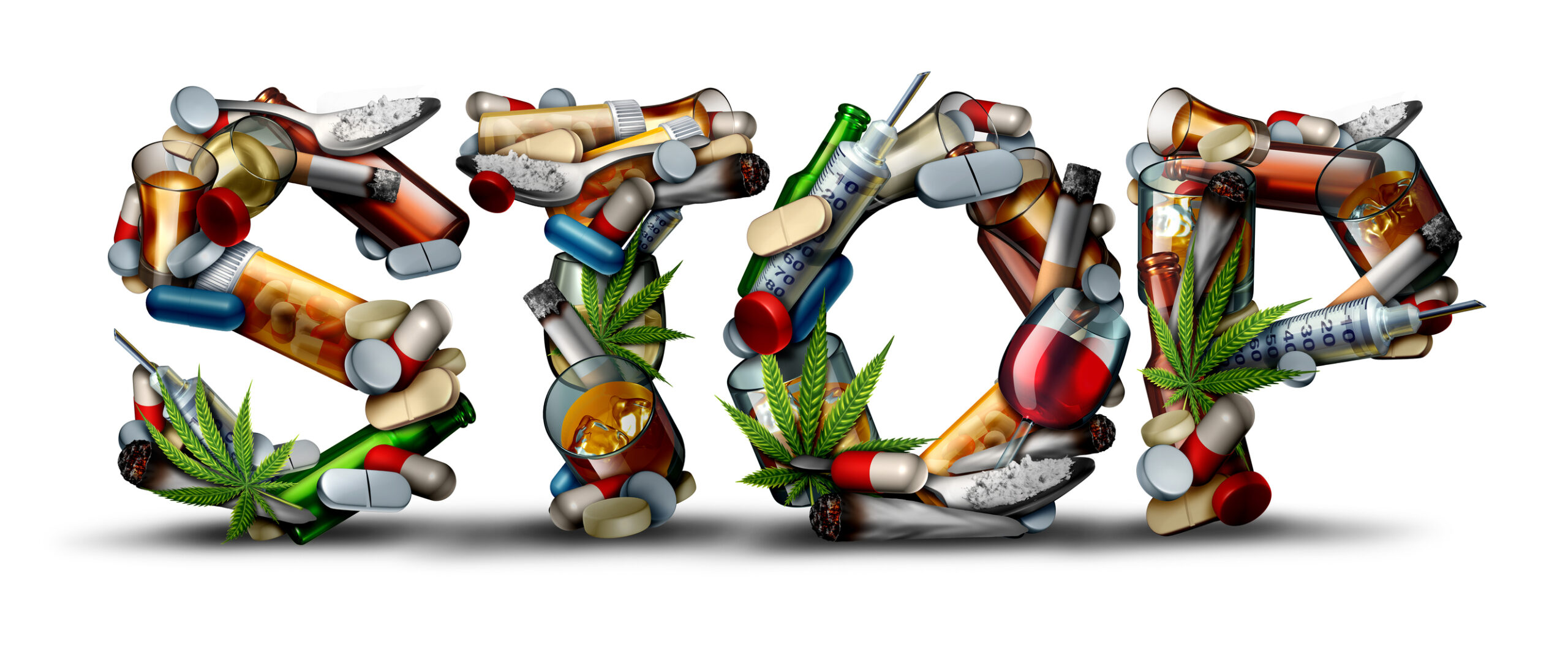 No drug addiction and stop drugs icon as a health issue representing the dangers and risk of smoking drinking alcohol and medicine overdose as opioids as a 3D illustration.